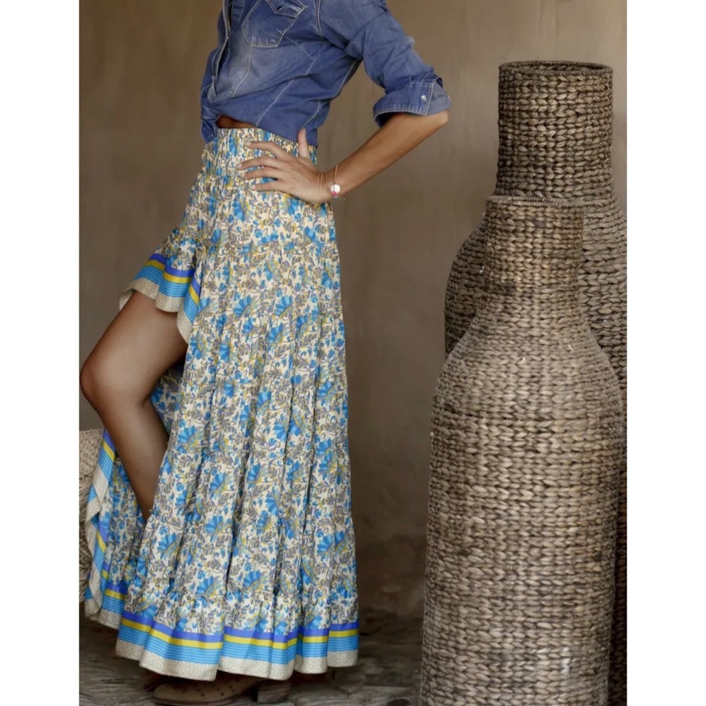 Boho Gypsy Floral Print High Low Maxi Skirt (Blue)